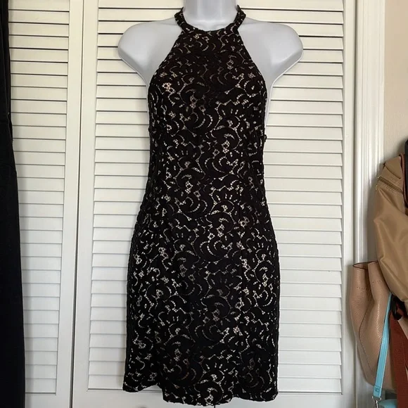 black lace dress beige underneath Elegant Black Nude Floral Lace Strap Deep V-Neck Gown M / Black Nude main image 1
